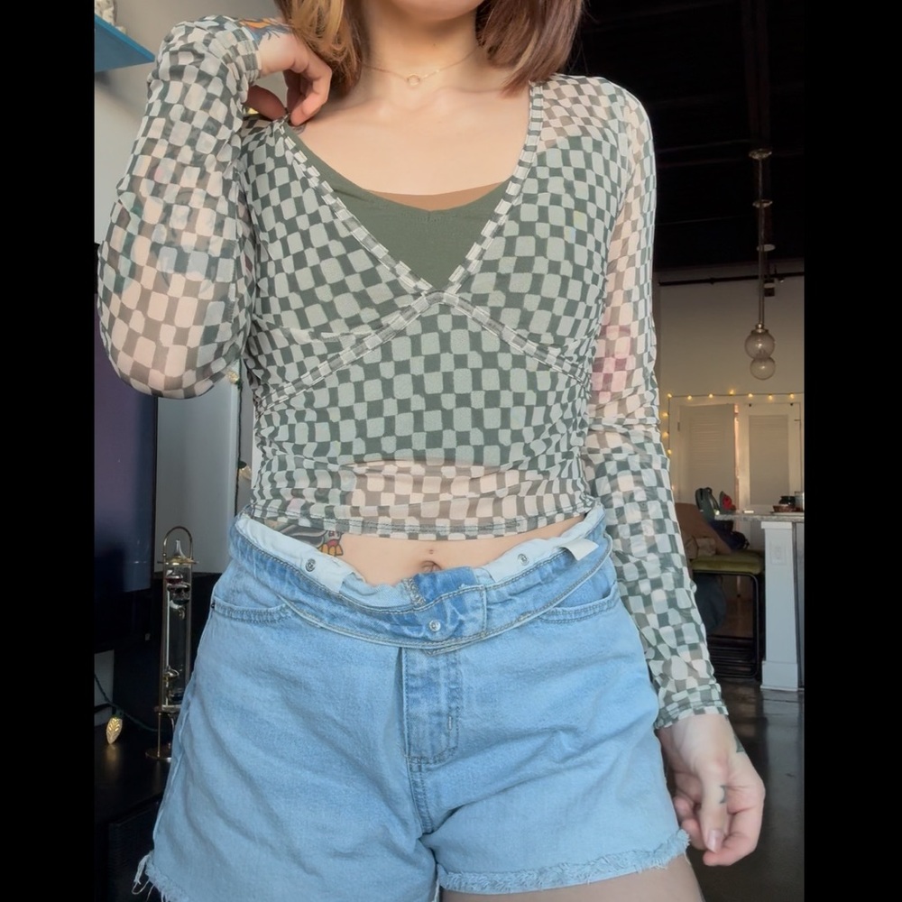 Abercrombie & Fitch Green and Cream Checkered Long Sleeve Top